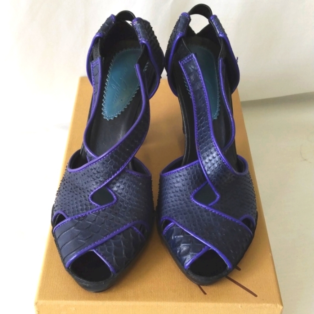 Max Azria Brie Black and Purple Leather Combo Heeled Sandals